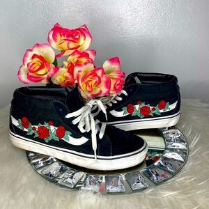 Vans Black High Top With Red Embroidered Roses Men’s 7.5 Women’s 9